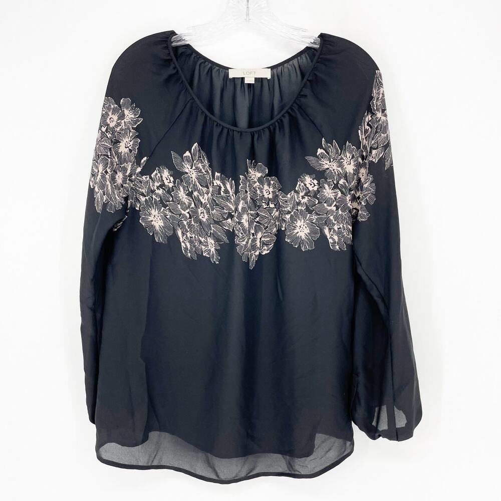 Loft Long Sleeve Black Sheer Floral Top Size Medium